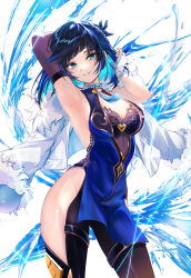 Rule 34 | 1girl, absurdres, arm up, armpits, bare shoulders, black pants, blue eyes, blue hair, blunt bangs, breasts, cleavage, commentary request, cowboy shot, fingerless gloves, fur-trimmed jacket, fur trim, genshin impact, gloves, grin, hand up, highres, hip vent, jacket, large breasts, leggings, looking at viewer, pants, raramente, short hair, simple background, sleeveless, smile, solo, standing, thighs, white background, white gloves, white jacket, yelan (genshin impact)