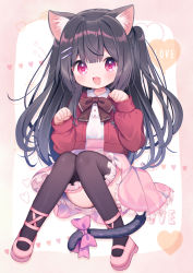 Rule 34 | 1girl, :d, animal ear fluff, animal ears, ass, black hair, black thighhighs, blunt bangs, bow, bowtie, brown bow, brown bowtie, cardigan, cat ears, cat girl, cat tail, collared shirt, commission, convenient leg, d omm, fang, frilled skirt, frilled thighhighs, frills, full body, hair between eyes, hair ornament, hair over shoulder, hairclip, heart, heart-shaped pupils, knees together feet apart, knees up, long hair, looking at viewer, miniskirt, open cardigan, open clothes, open mouth, original, paw pose, pink bow, pink eyes, pink footwear, pink skirt, red cardigan, shirt, shoes, sidelocks, sitting, skeb commission, skin fang, skirt, sleeves past wrists, smile, solo, symbol-shaped pupils, tail, tail bow, tail ornament, thighhighs, thighs, two side up, white shirt