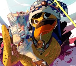 Rule 34 | 1girl, animal, artist name, belt, bird, blue hair, commentary, cowboy hat, crop top, crossed legs, drinking straw, duck, earrings, english commentary, goggles, goggles on headwear, gun, hat, highres, holding, holding gun, holding weapon, jewelry, karoo (one piece), lasso, long hair, nefertari vivi, one piece, shorts, sleeves rolled up, smile, taku (aywakutakuay), weapon