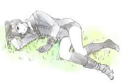 Rule 34 | 1boy, android, black gloves, blindfold, unworn blindfold, boots, buttons, clenched hand, double-breasted, gloves, grass, grey eyes, kneehighs, long sleeves, lying, male focus, nier (series), nier:automata, on side, parted lips, short hair, short shorts, shorts, socks, white hair, 9s (nier:automata)