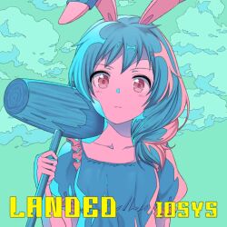 Rule 34 | 1girl, album cover, animal ears, belldot, blue hair, blue shirt, blush stickers, closed mouth, cloud, collarbone, colored skin, cover, english text, floppy ears, frilled shirt collar, frilled sleeves, frills, frown, game cg, green sky, hammer, high contrast, holding, holding hammer, iosys, low twintails, medium hair, official art, over shoulder, pink eyes, pink skin, puffy short sleeves, puffy sleeves, rabbit ears, seiran (touhou), shirt, short sleeves, square neckline, straight-on, touhou, touhou cannonball, twintails, upper body, weapon, weapon over shoulder