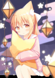 Rule 34 | 1girl, :o, absurdres, animal ear fluff, animal ears, blonde hair, blurry, blurry foreground, blush, bow, brown eyes, commentary request, depth of field, egasumi, feet out of frame, hair between eyes, hair bow, highres, hugging object, jacket, long sleeves, looking at viewer, miike-chan, nakkar, original, parted lips, pillow, pillow hug, pink jacket, pleated skirt, sailor collar, sitting, skirt, sleeves past wrists, solo, star-shaped pillow, star (symbol), tail, white bow, white sailor collar, white skirt