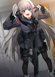 Rule 34 | 1girl, assault rifle, automatic rifle, battle rifle, black pantyhose, blue eyes, boots, bullpup, carbine, desert tech mdr, double v, girls&#039; frontline, grey hair, gun, hanabusaraleigh, heterochromia, highres, long hair, long sleeves, mdr (girls&#039; frontline), multicolored hair, one side up, pantyhose, purple hair, red eyes, rifle, solo, streaked hair, tactical clothes, thigh strap, v, weapon, white footwear