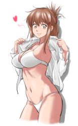 Rule 34 | 1girl, absurdres, bikini, blush, breasts, brown eyes, brown hair, cleavage, closed mouth, commentary request, cowboy shot, female focus, folded ponytail, hair between eyes, hair ornament, hairclip, heart, highres, inazuma (kancolle), kantai collection, large breasts, long hair, looking at viewer, navel, neck, aged up, open clothes, open shirt, removing shirt, shadow, shirt, simple background, sketch, smile, solo, sozan, standing, swimsuit, undressing, white background, white bikini, white shirt