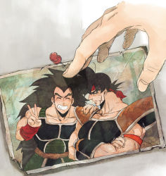 Rule 34 | age difference, bardock, black hair, dragon ball, dragonball z, father and son, long hair, male focus, photo (object), raditz, scar, smile