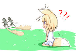 Rule 34 | !, 1girl, 2boys, ?, ??, animal ears, arrow (symbol), bad id, bad pixiv id, bare arms, blonde hair, comic, day, disappointed, dress, fleeing, fox ears, fox girl, fox tail, grass, greenteaneko, highres, long hair, looking away, multiple boys, on grass, open mouth, original, outdoors, purple eyes, running, sitting, sleeveless, sleeveless dress, sweat, tail, wariza, wavy mouth, white dress, you&#039;re doing it wrong