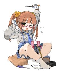 Rule 34 | 1girl, blue necktie, blue shorts, blunt bangs, breast pocket, brown eyes, buttoned cuffs, buttons, collared shirt, cushion, full body, glasses, gloves, grey shirt, hair ornament, hair scrunchie, highres, holding, holding screwdriver, idolmaster, idolmaster cinderella girls, ikebukuro akiha, indian style, jitome, light blush, long hair, long sleeves, necktie, no shoes, one eye closed, open mouth, orange hair, pink-framed eyewear, pocket, raised eyebrows, screwdriver, scrunchie, semi-rimless eyewear, shirt, shorts, simple background, sitting, smile, socks, soles, solo, spawnfoxy, stretching, striped clothes, striped shorts, suspender shorts, suspenders, twintails, under-rim eyewear, white background, white gloves, white socks, yellow scrunchie