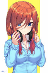 Rule 34 | 1girl, artist name, blue eyes, blue jacket, blush, breasts, cleavage, closed mouth, collared shirt, commentary request, dated, fingernails, go-toubun no hanayome, hair between eyes, hair over one eye, hands up, headphones, headphones around neck, highres, jacket, long sleeves, medium breasts, nakano miku, neps-l, red hair, shirt, smile, solo, two-tone background, upper body, white background, white shirt, wing collar, yellow background