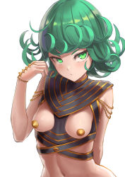 Rule 34 | 1girl, :/, alternate costume, arm behind back, arm up, breast cutout, breasts, chain, closed mouth, covered erect nipples, curly hair, flipped hair, green eyes, green hair, highres, jewelry, looking at viewer, midriff, navel, one-punch man, pasties, sai (abyss05), short hair, simple background, small breasts, solo, stomach, tatsumaki, upper body, white background