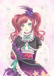 Rule 34 | 1girl, arm behind back, black gloves, bow, dress, eyelashes, feathers, frills, gloves, gradient background, green eyes, hair bow, hair ornament, hosokawa gracia, juliet sleeves, jyan borii, lace background, layered dress, long sleeves, looking at viewer, neck ribbon, print dress, puffy sleeves, red hair, ribbon, sengoku musou, smile, solo, sparkle, tassel, twintails