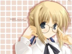 Rule 34 | 00s, 1girl, 2004, adjusting eyewear, ahoge, aqua eyes, artist name, artoria pendragon (all), artoria pendragon (fate), bespectacled, blonde hair, blouse, character name, copyright name, dated, fate/stay night, fate (series), glasses, ikegami akane, long sleeves, saber (fate), shirt, solo