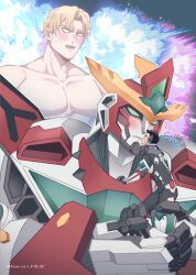 Rule 34 | 3boys, ao isami, bara, black hair, blank eyes, blonde hair, blood, bravern, carrying, carrying person, collarbone, couple, cropped torso, explosion, facial hair, haruri fbje, heart, highres, kiss, large pectorals, lewis smith, male focus, mecha, multiple boys, muscular, muscular male, nosebleed, nude, pectorals, pilot suit, projected inset, robot, short hair, sideburns stubble, spoilers, stubble, twitter username, yaoi, yuuki bakuhatsu bang bravern