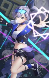 Rule 34 | 1girl, absurdres, bare legs, black footwear, black jacket, black shorts, bra strap, blowing bubbles, commentary request, crop top, foot out of frame, goggles, goggles on head, grey eyes, grey hair, highres, honkai: star rail, honkai (series), jacket, long hair, looking at viewer, mashiro arts, midriff, navel, ponytail, shirt, shoes, short shorts, shorts, silver wolf (honkai: star rail), solo, stomach, thighs, white shirt
