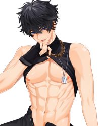Rule 34 | 1boy, abs, black hair, black pants, black tank top, blue eyes, chain, chain necklace, commission, forehead, highres, indie virtual youtuber, jae (vtuber), jewelry, male focus, muscular, muscular male, navel, necklace, nipples, pants, pinchi, short hair, stomach, tank top, virtual youtuber, white background