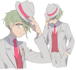 Rule 34 | 1boy, amami rantaro, closed mouth, collared shirt, commentary request, danganronpa (series), danganronpa 10th anniversary costume, danganronpa v3: killing harmony, fedora, formal, green eyes, green hair, hand in pocket, hand up, hat, jacket, long sleeves, looking at viewer, male focus, multiple views, nabu (d4ng4nn6bu12), necktie, official alternate costume, pants, pink neckwear, pink vest, shirt, short hair, simple background, sketch, smile, striped, suit, upper body, vest, white background, white jacket, white pants