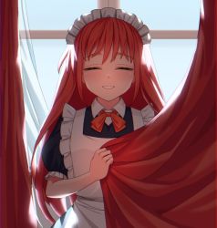 Rule 34 | 1girl, apron, black dress, blush, c i an, closed eyes, collared dress, commentary, curtain grab, curtains, day, dress, english commentary, grin, indoors, long hair, looking at viewer, maid, maid apron, maid headdress, neck ribbon, red hair, red ribbon, ribbon, seihou, short sleeves, smile, solo, upper body, very long hair, vivit, white apron, window