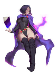 Rule 34 | 1girl, absurdres, aura, belt, black hair, black leotard, book, boots, breasts, bridal gauntlets, brooch, cape, closed mouth, covered navel, dc comics, eyelashes, floating, floating book, floating object, forehead jewel, full body, gem, gluteal fold, head tilt, highleg, highleg leotard, highres, jewelry, kumiko shiba, leotard, lips, looking at viewer, loose belt, medium breasts, open book, pink eyes, pointy footwear, pursed lips, raven (dc), shiny skin, shoes, short hair, signature, simple background, skin tight, solo, teen titans, thigh boots, thigh gap, thighhighs, thighs, turtleneck, white background