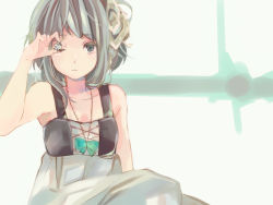 Rule 34 | 1girl, bad id, bad pixiv id, dress, green hair, hair ornament, holding, jewelry, necklace, original, ousaka nozomi, puzzle piece, grey eyes, solo, wink