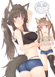 Rule 34 | + +, 2girls, animal ear fluff, animal ears, arm up, arrow (symbol), ass, asymmetrical legwear, baozi, bare arms, bare shoulders, black hair, black legwear, black shirt, blue eyes, blue shorts, braid, breasts, brown hair, brown shirt, crop top, denim, denim shorts, drooling, food, fox ears, fox girl, fox tail, hair intakes, highleg, highres, large breasts, long hair, looking at breasts, looking at viewer, looking back, midriff, multiple girls, navel, off-shoulder shirt, off shoulder, open mouth, original, parted lips, purple eyes, shirt, short shorts, shorts, simple background, sleeveless, sleeveless shirt, smile, spaghetti strap, standing, stomach, strap gap, tail, thighhighs, thighs, thought bubble, twintails, uneven legwear, whale tail (clothing), white background, zhaofeng yinyue