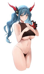 Rule 34 | 1girl, azur lane, bare shoulders, black panties, blue hair, breasts, closed mouth, cropped legs, dragon horns, gloves, hand on own chest, hands up, highres, horns, large breasts, long hair, looking at viewer, navel, noir (4chan), panties, pointy ears, regensburg (azur lane), simple background, single glove, smile, solo, stomach, twintails, underboob, underwear, white background, yellow eyes