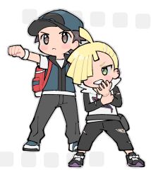 Rule 34 | 2boys, ahoge, alternate color, backpack, bag, baseball cap, blonde hair, blush stickers, brown eyes, clenched hand, creatures (company), ear piercing, fanny pack, full body, game freak, gladion (pokemon), green eyes, grey pants, hair over one eye, hat, highres, multiple boys, nintendo, pants, piercing, pokemon, pokemon masters ex, pumpkinpan, red (pokemon), standing, teeth, torn clothes