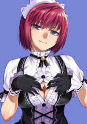 Rule 34 | 1girl, black gloves, black ribbon, blue background, breasts, closed eyes, commentary request, frilled shirt, frills, gloves, kiyoko3sai, large breasts, maid headdress, nel zelpher, open clothes, open shirt, paizuri invitation, purple eyes, red hair, ribbon, ribbon trim, shirt, short sleeves, simple background, skirt, smile, solo, star ocean, star ocean anamnesis, star ocean till the end of time, unbuttoned, upper body, white skirt
