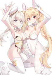 Rule 34 | 2girls, absurdres, animal ears, argyle, argyle clothes, argyle legwear, arm around waist, arm up, armpits, asymmetrical docking, blonde hair, blush, bow, bowtie, breast press, breasts, bridal garter, chukibabo2, closed mouth, commentary request, commission, detached collar, elbow gloves, fake animal ears, gloves, hand on another&#039;s shoulder, hand up, hat, highres, kneeling, korean commentary, large breasts, leg between thighs, leotard, long hair, looking at viewer, medium breasts, multiple girls, original, pantyhose, playboy bunny, purple eyes, rabbit, rabbit ears, red eyes, simple background, thighhighs, twintails, v, very long hair, white background, white bow, white gloves, white hair, white headwear, white legwear, white leotard, white neckwear