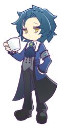 Rule 34 | ascot, bags under eyes, black footwear, black pants, blue ascot, blue coat, blue hair, chesed (project moon), closed mouth, coat, collared shirt, cup, dot nose, full body, grey vest, hand in pocket, highres, holding, holding cup, lobotomy corporation, long sleeves, mug, open clothes, open coat, pants, parody, parted bangs, project moon, puyopuyo, shichou (o 2538), shirt, short hair, solo, standing, style parody, vest, white shirt