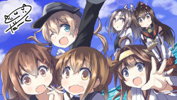 Rule 34 | 10s, 6+girls, :d, ;), ahoge, bare shoulders, brown eyes, brown hair, darkside, detached sleeves, double bun, fang, grey hair, hachimaki, hair ornament, hairclip, headband, headgear, high ponytail, highres, ikazuchi (kancolle), inazuma (kancolle), jewelry, kantai collection, kongou (kancolle), long hair, multiple girls, muneate, nontraditional miko, one eye closed, open mouth, pleated skirt, ponytail, prinz eugen (kancolle), red skirt, ring, school uniform, serafuku, short hair, skirt, smile, twintails, wavy mouth, wedding band, yamato (kancolle), zuihou (kancolle)