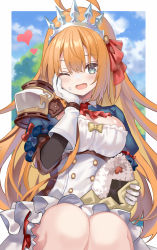 Rule 34 | 1girl, :d, ahoge, blue eyes, blush, breasts, cleavage, food, food on face, gloves, hair ribbon, head rest, heart, highres, large breasts, long hair, looking at viewer, one eye closed, onigiri, open mouth, orange hair, outdoors, pecorine (princess connect!), princess connect!, princess connect!, red ribbon, ribbon, rice, rice on face, shino (eefy), shoulder pads, sitting, smile, solo, symbol-only commentary, tiara, white gloves