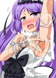 Rule 34 | 1girl, armlet, armpit focus, armpits, bare shoulders, beads, black ribbon, blush, bracelet, choker, dress, euryale (fate), euryale (third ascension) (fate), eyebrows, fate/grand order, fate/hollow ataraxia, fate (series), flower, hairband, headdress, jewelry, kani club, lolita hairband, long hair, necklace, presenting armpit, purple eyes, purple hair, ribbon, ribbon trim, ring, smell, solo, spread armpit, sweat, twintails, white dress