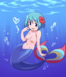 Rule 34 | 1girl, air bubble, blue eyes, blue hair, breasts, bubble, completely nude, flower, gloamy, hair flower, hair ornament, heart, highres, mahou shoujo madoka magica, mahou shoujo madoka magica (anime), medium breasts, mermaid, miki sayaka, monster girl, monsterification, nipples, nude, short hair, smile, solo, topless, underwater