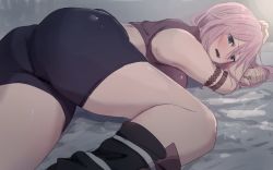 Rule 34 | 1girl, ass, bike shorts, blue eyes, blurry, blush, breasts, crop top, depth of field, final fantasy, final fantasy xiii, highres, huge ass, lightning farron, looking at viewer, lying, misaki nonaka, pink hair, pov, shorts, solo