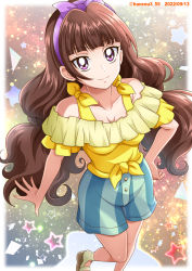 Rule 34 | 1girl, amanogawa kirara, bare shoulders, breasts, brown hair, collarbone, frilled shirt, frills, from above, go! princess precure, green shorts, hanzou, highres, long hair, looking at viewer, looking up, precure, purple eyes, sandals, shirt, shorts, small breasts, smile, solo, star (symbol), starry background, striped clothes, striped shorts, vertical stripes, yellow background, yellow shirt