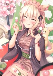 Rule 34 | 1girl, ^ ^, animal, animal ears, blonde hair, cat ears, cherry blossoms, closed eyes, commentary request, cup, dango, day, eating, closed eyes, facial mark, final fantasy, final fantasy xiv, flower, food, highres, japanese clothes, long hair, maid headdress, miqo&#039;te, mutsuba fumi, petals, sanshoku dango, sitting, smile, solo, wagashi, whisker markings, wide sleeves