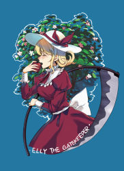 Rule 34 | 1girl, apple, back bow, blonde hair, bow, breasts, character name, curly hair, dress, eating, elly (touhou), english text, eyelashes, closed eyes, flower, food, frilled sleeves, frills, fruit, hat, hat bow, highres, holding, holding food, holding fruit, holding scythe, holding weapon, juliet sleeves, lips, long sleeves, medium breasts, open mouth, puffy sleeves, red bow, red dress, red ribbon, ribbon, sash, scythe, short hair, simple background, sun hat, teeth, touhou, touhou (pc-98), upper body, upper teeth only, weapon, white bow, white headwear, white sash, yorktown cv-5