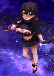 Rule 34 | 1girl, absurdres, black hair, blush, braid, breasts, brown eyes, choker, cleavage cutout, clothing cutout, collar, cross, dagger, dual wielding, fingerless gloves, fishnet pantyhose, fishnets, glasses, gloves, hair between eyes, high heels, highres, holding, hood, hoodie, huge breasts, knife, looking at viewer, mole, natsuki bellatrix, original, pantyhose, relpama, rope, skirt, sky, star (sky), starry sky, sword, thick thighs, thighs, tongue, tongue out, twin braids, twintails, weapon, wide hips