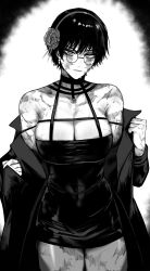 Rule 34 | 1girl, absurdres, bare shoulders, breasts, cleavage, coat, commentary request, cosplay, cowboy shot, dress, glasses, greyscale, hairband, highres, jujutsu kaisen, large breasts, long sleeves, masoq, monochrome, off shoulder, open clothes, open coat, pencil dress, round eyewear, short hair, solo, spy x family, standing, yor briar, yor briar (cosplay), zen&#039;in maki, zenin maki