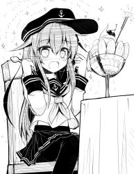 Rule 34 | 10s, 1girl, :d, ai takurou, akatsuki (kancolle), blush, cherry, drooling, emphasis lines, fang, fireworks, food, fruit, glass, hair between eyes, hat, heart, ice cream, image sample, kantai collection, long hair, military hat, monochrome, open mouth, pantyhose, school uniform, serafuku, sitting, smile, solo, sparkle, sparkler, sparkling eyes, spoon, sundae, tagging in progress