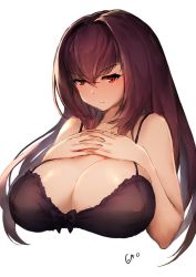 Rule 34 | 1girl, artist name, bare legs, bare shoulders, blush, bra, breast suppress, breasts, cleavage, closed mouth, fate/grand order, fate (series), gao (gaolukchup), hair between eyes, huge breasts, long hair, looking down, purple bra, purple hair, red eyes, scathach (fate), simple background, solo, underwear, underwear only, upper body, white background