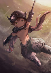 Rule 34 | 10s, 1boy, cape, child, facial mark, helmet, made in abyss, male focus, mechanical arms, navel, noeyebrow (mauve), open mouth, regu (made in abyss), solo, tattoo, thick eyebrows, topless male