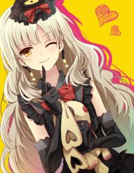 Rule 34 | 1girl, ;), blonde hair, doll, dress, elbow gloves, finger to mouth, gloves, gothic lolita, hat, highres, hiiragi souren, lolita fashion, long hair, looking at viewer, mayu (vocaloid), md5 mismatch, one eye closed, resolution mismatch, smile, solo, source smaller, stuffed animal, stuffed rabbit, stuffed toy, usano mimi, vocaloid, wink, yellow eyes