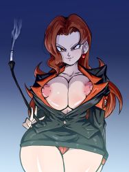 Rule 34 | 1girl, bare legs, black jacket, black skirt, borrowed character, breasts, cameltoe, character request, cigarette, cigarette holder, cleavage, cowboy shot, curvy, dragon ball, dragon ball (classic), earrings, facing viewer, female focus, formal, gradient background, jacket, jewelry, large breasts, looking at viewer, military, military uniform, miss pepper, nipples, no bra, original, panties, parted bangs, puffy areolae, red panties, red ribbon army, rickert kai, shiny skin, simple background, skirt, skirt suit, smirk, solo, standing, suit, underwear, uniform