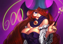 Rule 34 | 1girl, blue eyes, breasts, cleavage, detached collar, detached sleeves, drill hair, hair over one eye, hat, milestone celebration, koi drake, large breasts, lips, lipstick, long hair, makeup, original, revision, solo, very long hair, wand, witch hat