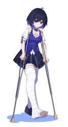 Rule 34 | 1girl, absurdres, ahoge, bandages, black footwear, black skirt, blue eyes, blue hair, blue vest, bob cut, breasts, cleavage, crutch, crying, crying with eyes open, full body, highres, honkai (series), honkai impact 3rd, medium breasts, neprbq, open mouth, seele vollerei, seele vollerei (swallowtail phantasm), shadow, shirt, short hair, short sleeves, simple background, single thighhigh, skirt, solo, standing, standing on one leg, tattoo, tears, thighhighs, toes, vest, white background, white shirt, white thighhighs