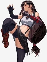 Rule 34 | 1girl, absurdres, arm guards, bike shorts, bike shorts under skirt, black hair, black skirt, black thighhighs, crop top, elbow gloves, fighting stance, final fantasy, final fantasy vii, final fantasy vii remake, fingerless gloves, gloves, highres, leg up, long hair, looking to the side, low-tied long hair, red footwear, simple background, single arm guard, skirt, solo, standing, standing on one leg, suspenders, temoc, thighhighs, tifa lockhart