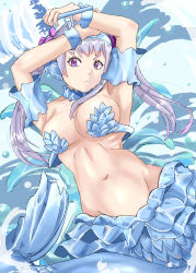 Rule 34 | 1girl, armor, armpits, arms up, black clover, breasts, cleavage, closed mouth, grey hair, highres, large breasts, long hair, navel, noelle silva, purple eyes, solo, tukemen gyokai, twintails, water