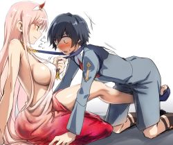 Rule 34 | 10s, 1boy, 1girl, all fours, assertive female, bare shoulders, black hair, blue eyes, blue neckwear, blush, breasts, darling in the franxx, dress, dry humping, femdom, green eyes, grin, height difference, herozu (xxhrd), hiro (darling in the franxx), humping, large breasts, leg between thighs, legwear garter, long hair, necktie, no bra, open mouth, pink hair, sandals, short hair, sideboob, simple background, sitting, smile, uniform, white background, zero two (darling in the franxx)