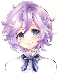Rule 34 | 1boy, blue eyes, blue ribbon, blush, buttons, closed mouth, epel felmier, frilled shirt collar, frills, happy, highres, light blush, looking at viewer, male focus, mofu (moffuri sippo), neck ribbon, purple hair, ribbon, shirt, short hair, sidelocks, simple background, smile, solo, sparkle, split mouth, straight-on, traditional media, twisted wonderland, upper body, white background, white shirt