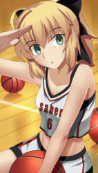 Rule 34 | 1girl, :o, ahoge, artoria pendragon (all), artoria pendragon (fate), ball, basketball, basketball (object), blonde hair, breasts, character name, cleavage, collarbone, crop top, fate (series), green eyes, head tilt, highres, indoors, paperfinger, ponytail, saber lily, salute, shirt, shorts, sitting, sleeveless, small breasts, solo, white shirt, white shorts